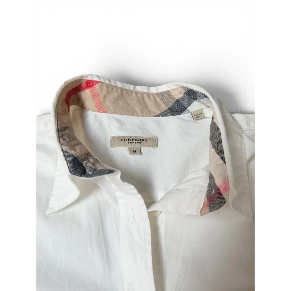 Burberry Button Up Shirt Womens M White Nova Check Heritage Classic Puff Sleeve - Picture 3 of 12